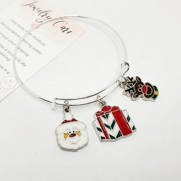 Christmas Santa, Present, and Reindeer Charm Bracelet, Silver Adjustable Jewelry - Picture 3 of 12